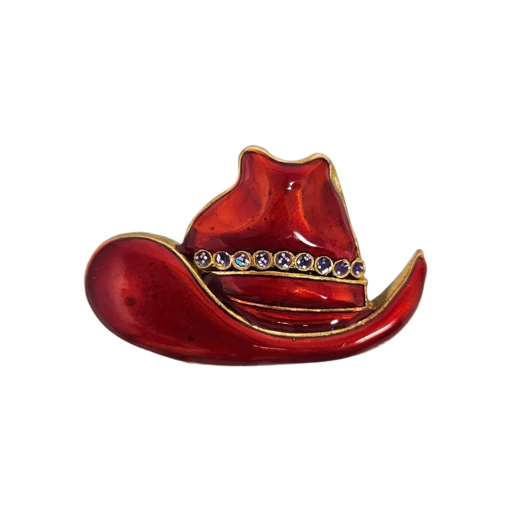 Cowboy Hat Brooch Pin Red Enamel Gold Tone